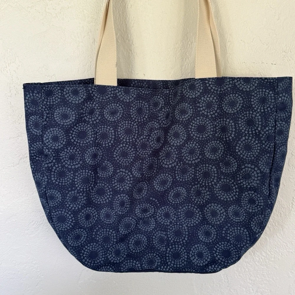 Life Is Good Navy Flower Print Cotton Canvas‎ Pockets Shoulder Tote Bag NWOT